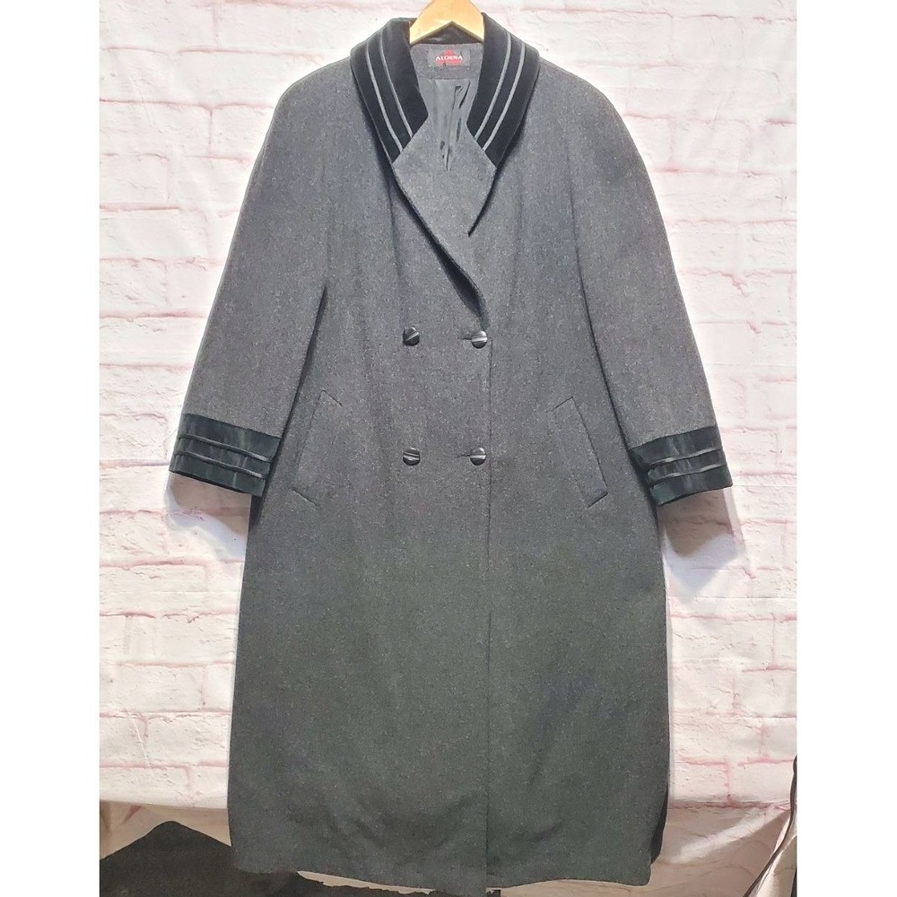 VTG Alorna Gray Wool Coat Trench Long Swing Velvet Trim‎ Thick Warm USA Sz 16W